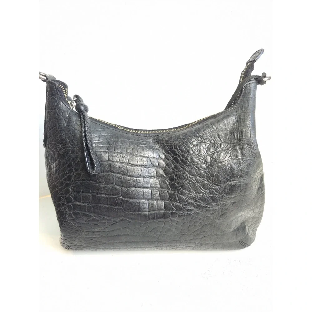 BRIGHTON Vintage Black Leather Croc Embossed Large‎ Handbag Shoulder Hobo